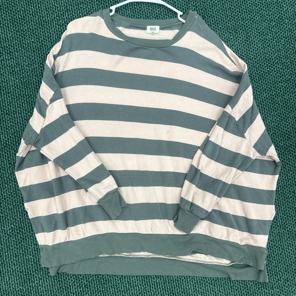BKE Green and Cream Striped Crew Neck Sweater